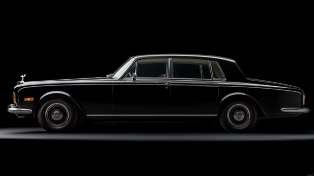 8K Car HD Wallpaper with a Rolls Royce Phantom with its iconic grille glinting faintly, surrounded by deep shadows and minimal lighting on a pitch black background.