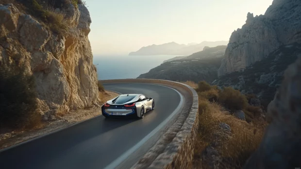 8K Car Wallpaper with a BMW i8 driving along a winding mountain road, the car's futuristic design glowing in the sunlight, with a clear sky and rocky cliffs surrounding the scene.