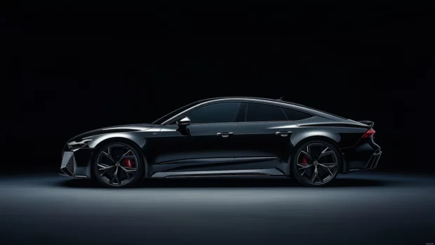 8K Car Wallpaper with a black Audi RS7 in a minimalistic studio setting, with light reflecting off its contours, seamlessly blending into the black background.