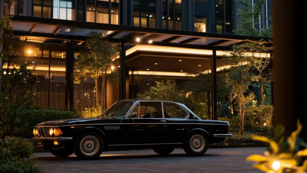 8K Car Wallpaper with a classic BMW  Series parked in front of a modern urban building at dusk, with the city lights starting to illuminate the surroundings.