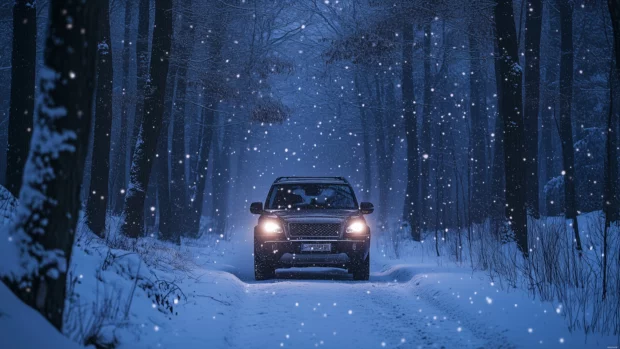 8K Car Wallpaper with a luxury SUV driving through a snowy forest, with snowflakes gently falling around it .