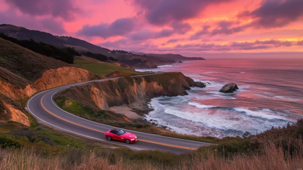 8K Car Wallpaper with a red BMW Z convertible speeding along a coastal highway with the ocean waves crashing against the cliffs under a sunset sky.