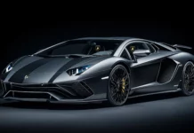 8K Car Wallpaper with a sleek black Lamborghini Aventador illuminated by soft spotlights, with subtle reflections enhancing its sharp angles and a pure black background.