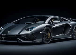 8K Car Wallpaper with a sleek black Lamborghini Aventador illuminated by soft spotlights, with subtle reflections enhancing its sharp angles and a pure black background.