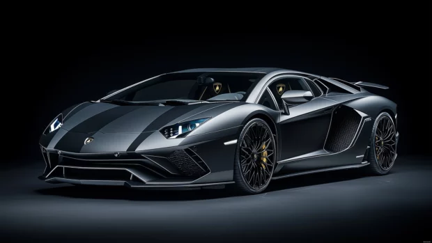 8K Car Wallpaper with a sleek black Lamborghini Aventador illuminated by soft spotlights, with subtle reflections enhancing its sharp angles and a pure black background.