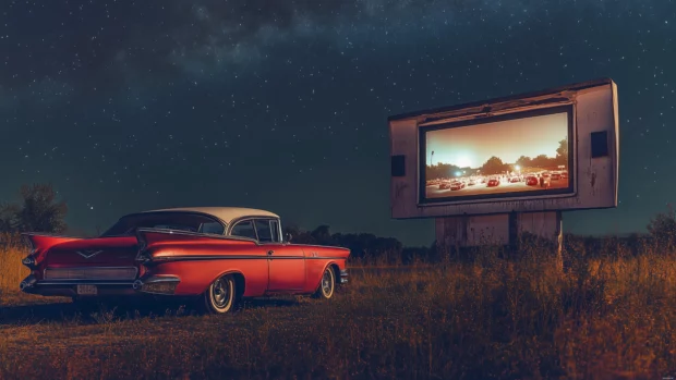 8K Car Wallpaper with a vintage convertible car on a scenic coastal road, surrounded by palm trees and an old school motel with a neon sign, under a starry sky.