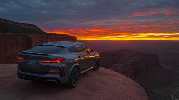 8K Car desktop Wallpaper with BMW X6 parked on a cliffside, overlooking a vast valley as the sun sets in the background, casting a warm glow on the car’s aggressive yet elegant lines.