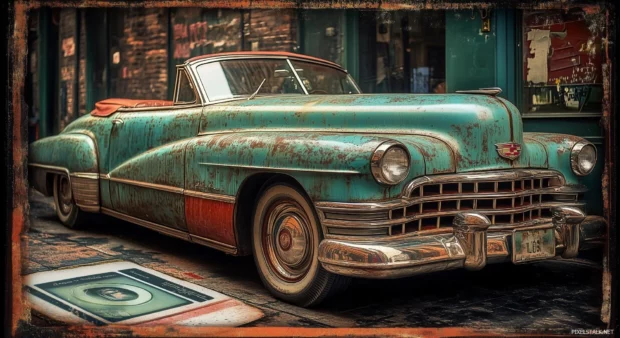 A 1940s Cadillac in front of a historic building, with a faded Polaroid frame and a nostalgic color palette.