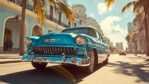 A 1950s Chevrolet Bel Air cruising down a sunlit street, with the image framed in an old Polaroid style.