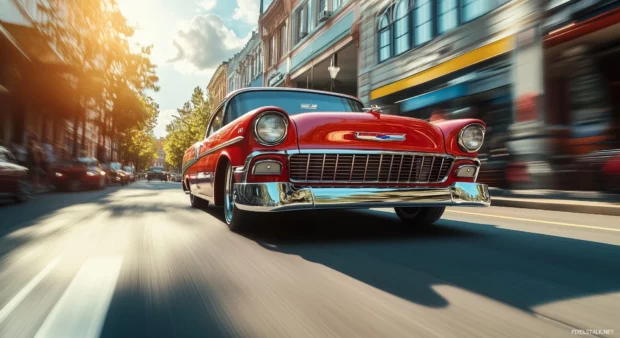 A 1950s Chevrolet Bel Air cruising down a sunlit street, with the image framed in an old Polaroid style.