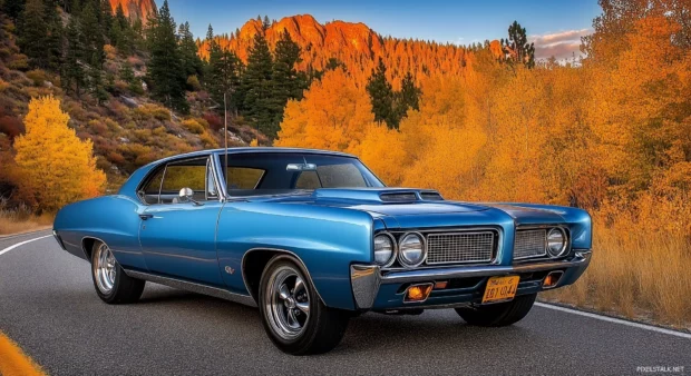 A 1967 Pontiac GTO on a mountain road, surrounded by autumn foliage and a clear blue sky.