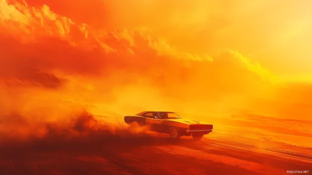 A 1969 Dodge Charger roaring down a desert highway at sunset, with dust trailing behind and a fiery orange sky.