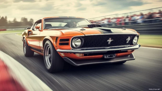 A 1970 Ford Mustang Mach 1 racing on a track.