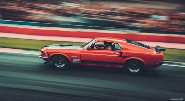 A 1970 Ford Mustang Mach 1 racing on a track, with motion blur emphasizing its speed and a retro crowd cheering in the distance.