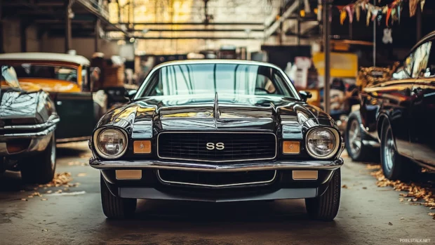 A 1970s Camaro in a vintage car show, surrounded by other vintage vehicles and old school decorations.