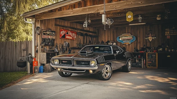 A 1971 Plymouth Barracuda parked by a rustic garage.