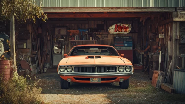 A 1971 Plymouth Barracuda parked by a rustic garage, with vintage tools and vintage signs in the background.