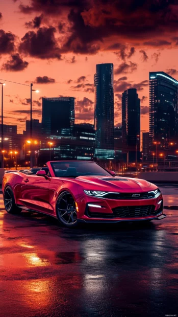 A 2022 Camaro SS Convertible parked in front of a modern city skyline at twilight.