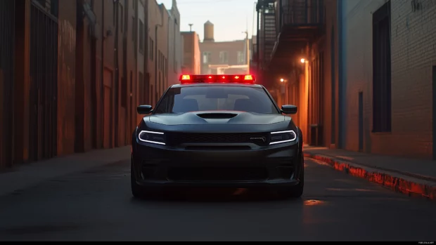 A 2022 Dodge Charger Police Interceptor in matte black, parked in front of a dimly lit urban alley, exuding a powerful and commanding presence.