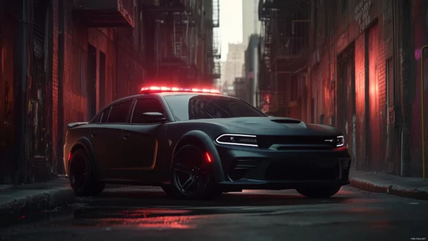 A 2022 Dodge Charger Police Interceptor in matte black, parked in front of a dimly lit urban alley, exuding a powerful and commanding presence.