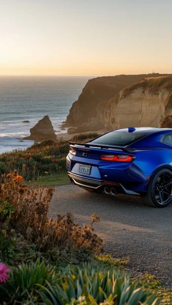 A 2024 Camaro ZL1 in deep metallic blue, parked on a coastal road with the ocean in the background.