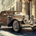 A 3D vintage car parked on a cobblestone street, surrounded by vintage architecture, with soft sunlight highlighting its polished chrome details.