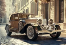 A 3D vintage car parked on a cobblestone street, surrounded by vintage architecture, with soft sunlight highlighting its polished chrome details.