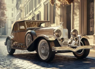 A 3D vintage car parked on a cobblestone street, surrounded by vintage architecture, with soft sunlight highlighting its polished chrome details.