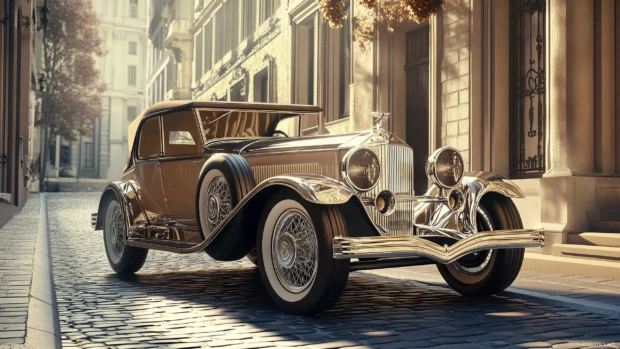 A 3D vintage car parked on a cobblestone street, surrounded by vintage architecture, with soft sunlight highlighting its polished chrome details.