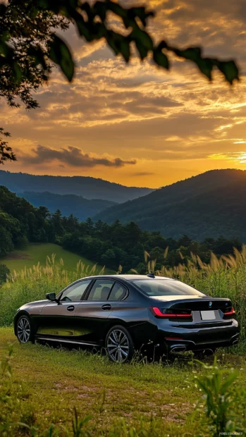 A BMW 330i sedan parked in a scenic countryside location.