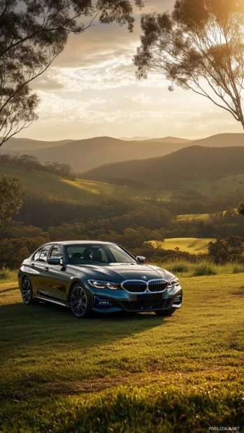 A BMW 330i sedan parked in a scenic countryside location with lush greenery and rolling hills.