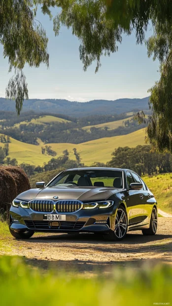 A BMW 330i sedan parked in a scenic countryside location with lush greenery and rolling hills in the background.