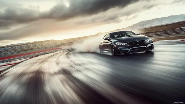 A BMW M4 speeding on a racetrack with tire marks and motion blur as the car takes a tight corner.