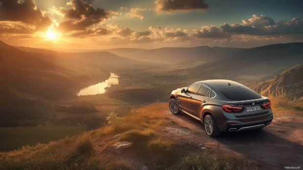 A BMW X6 parked on a cliffside, overlooking a vast valley as the sun sets in the background.