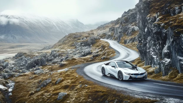 A BMW i8 driving along a winding mountain road.