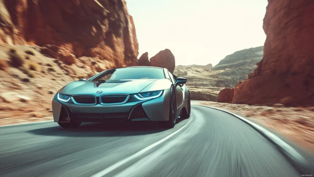 A BMW i8 driving along a winding mountain road, the cars futuristic design glowing in the sunlight.