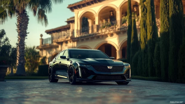 A Cadillac CT5 V Blackwing parked in front of a luxury mansion, emphasizing its elegant yet aggressive design under golden hour lighting.