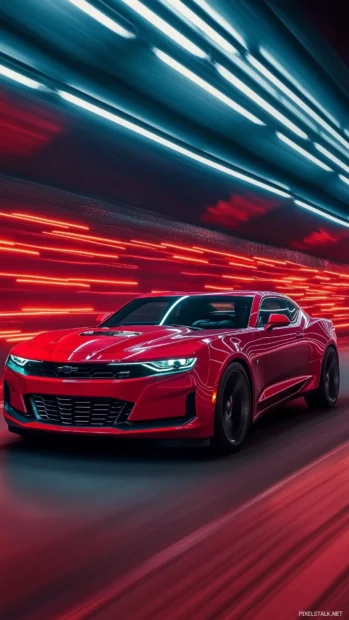 A Camaro LT1 in fiery red, speeding through a dark tunnel.