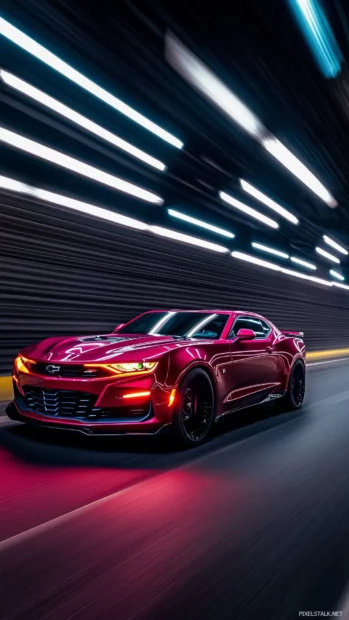 A Camaro LT1 in fiery red, speeding through a dark tunnel with neon lights.