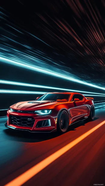 A Camaro LT1 in fiery red, speeding through a dark tunnel with neon lights casting dynamic reflections on the cars polished exterior.