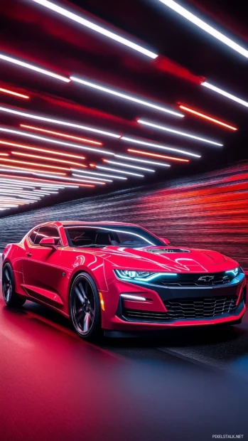 A Camaro LT1 in fiery red, speeding through a dark tunnel with neon lights casting dynamic reflections on the cars polished exterior.