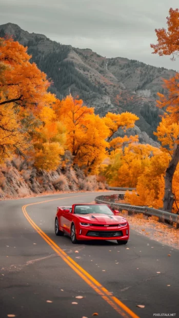 A Camaro convertible speeding through a winding mountain road surrounded by autumn foliage .