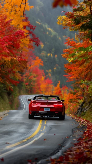 A Camaro convertible speeding through a winding mountain road surrounded by autumn foliage.