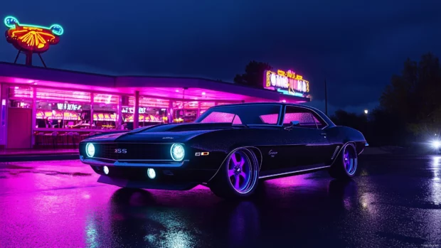 A Camaro in the rain with water droplets on its sleek body.