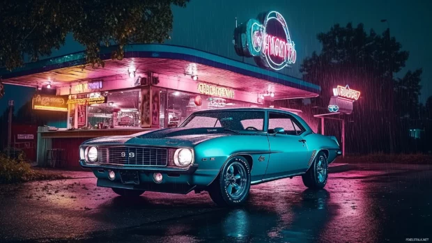 A Camaro in the rain with water droplets on its sleek body, parked near a retro diner with colorful neon signs.