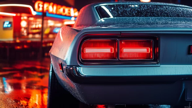 A Camaro in the rain with water droplets on its sleek body, parked near a retro diner with colorful neon signs.