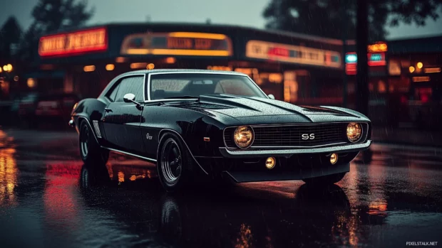 A Camaro in the rain with water droplets on its sleek body, parked near a retro diner with colorful neon signs.