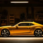 A Camaro with an aggressive stance parked in a garage with dim lighting.