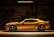 A Camaro with an aggressive stance parked in a garage with dim lighting.