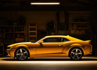 A Camaro with an aggressive stance parked in a garage with dim lighting.